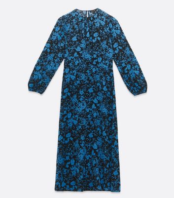 Blue Floral Long Sleeve Midi Dress ...